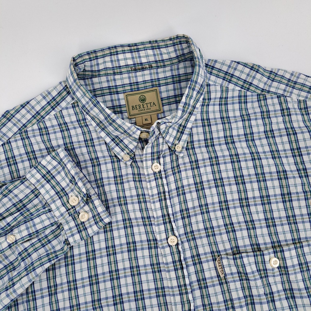 Beretta Button Down Shirt Mens XL 100% Cotton Blue Green Plaid Long Sleeve